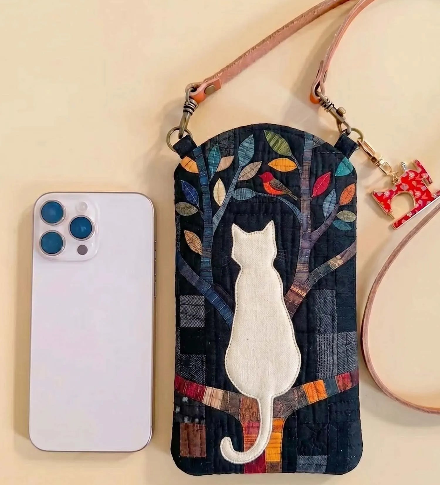 The Cat On The Branch Quilted Slim Phone Crossbody Bag