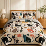 Colorful Cat Floral Patchwork Quilted 3‑Piece Bedding Set