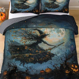 Flying Witch Moonlit Pumpkin Halloween Quilted 3‑Piece Bedding Set
