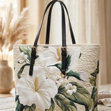 Hummingbird And Flowers Quilted Large Leather Strap Tote Bag