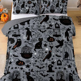 Grey Background Halloween Symbol All‑Over Print Quilted 3‑Piece Bedding Set