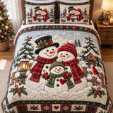 Christmas Snowman Family Cabin Lantern Quilted 3-Piece Bedding Set