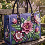 Purple Magnolia Floral Quilted Leather Strap Bible Handbag