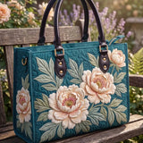 Teal Peony Floral Quilted Leather Strap Bible Handbag
