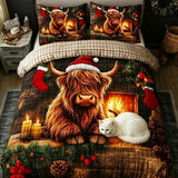 Christmas Highland Cow Fireplace Santa Hat Patchwork Quilted 3-Piece Bedding Set