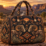 Western Bighorn Sheep Mountain Sun Floral Quilted Duffle Bag
