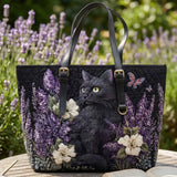 Lavender And Black Cat Quilted Large Leather Strap Tote Bag