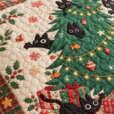 Playful Black Cats Christmas Tree Quilted 3-Piece Bedding Set