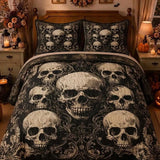 Vintage Gothic Skull Damask Scroll Quilted 3‑Piece Bedding Set