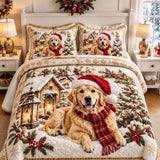 Christmas Golden Retriever Snow Cabin Vintage Quilted 3-Piece Bedding Set