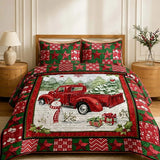 Vintage Red Truck Snowman Christmas Patchwork Quilted 3-Piece Bedding Set
