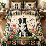 Border Collie Dandelion Floral Patchwork Quilted 3-Piece Bedding Set