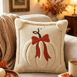 Halloween Fall Pumpkin Bow Plush Embroidered Throw Pillow Cover