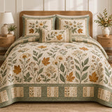 Soft Green Autumn Wildflower Daisy Maple Leaf Patchwork Quilted 3-Piece Bedding Set