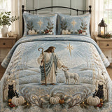 Light Blue Good Shepherd Jesus Black Cat White Pumpkin Quilted 3‑Piece Bedding Set