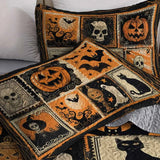 Vintage Stamp Skull Ghost Witch Halloween Patchwork Quilted 3‑Piece Bedding Set