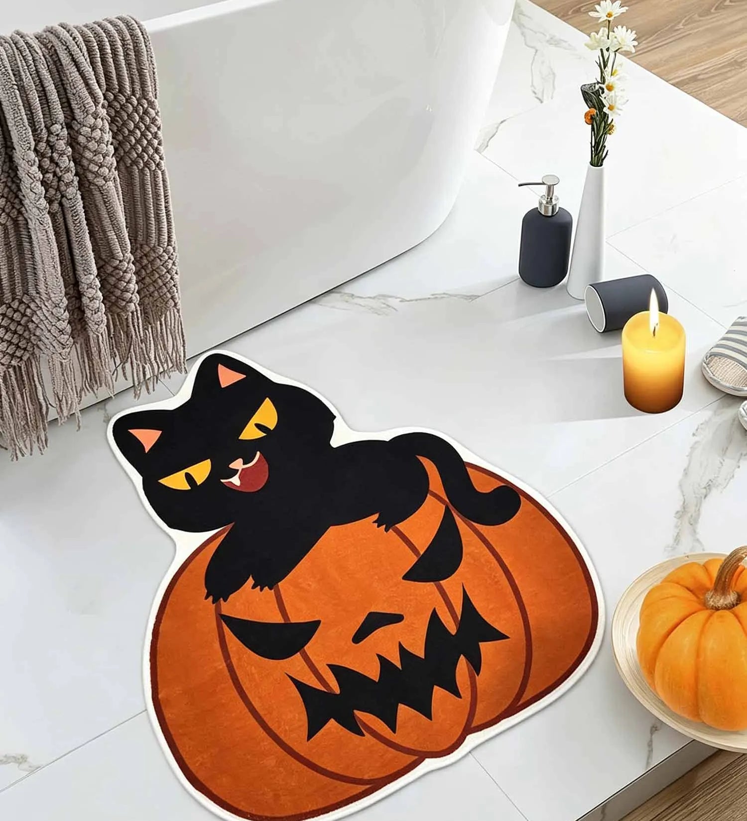 Halloween Ghost Bat Black Cat Pumpkin Shaped Plush Area Rug