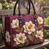 White Magnolia Floral Quilted Leather Strap Bible Handbag