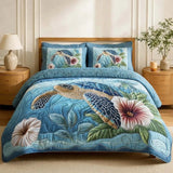 Ocean Sea Turtle Hibiscus Hawaiian Tropical Quilted 3‑Piece Bedding Set
