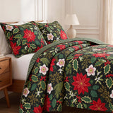 Poinsettia Holly Christmas Quilted 3-Piece Bedding Set