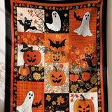 Plaid Pumpkin Ghost Black Cat Halloween Patchwork Quilted 3‑Piece Bedding Set