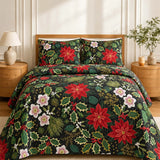 Poinsettia Holly Christmas Quilted 3-Piece Bedding Set