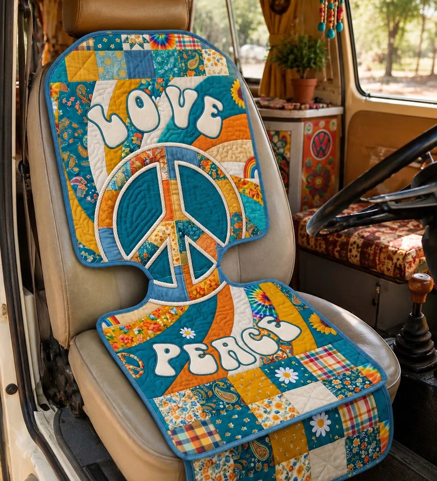 Hippie Love Peace Quilted Car Seat Protector