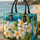 Plumeria Flowers Quilted Leather Strap Bible Handbag