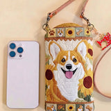 Sunflower Corgi Patchwork Quilted Slim Phone Crossbody Bag