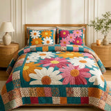 Patchwork Colorful Daisy Boho Retro Quilted 3‑Piece Bedding Set