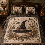 Vintage Witch Hat Floral Moon Quilted 3‑Piece Bedding Set