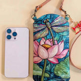 Stained Glass Lotus Dragonfly Quilted Slim Phone Crossbody Bag