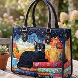 Black Cat And Book Quilted Leather Strap Bible Handbag