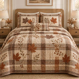 Fall Plaid Maple Leaf Berry Patchwork Quilted 3-Piece Bedding Set