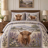 Vintage Highland Cow Lavender Floral Pasture Patchwork Quilted 3-Piece Bedding Set