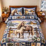 Christmas Horse Foal Snowy Farm Sunset Quilted 3-Piece Bedding Set