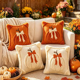 Halloween Fall Pumpkin Bow Plush Embroidered Throw Pillow Cover