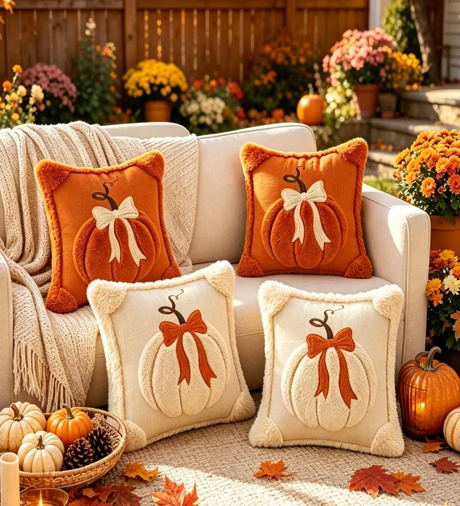 Halloween Fall Pumpkin Bow Plush Embroidered Throw Pillow Cover
