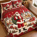 Christmas Santa Claus Winter Village Patchwork Quilted 3-Piece Bedding Set