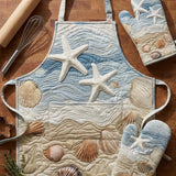 Seashells On The Beach Quilted Apron Set (2-Piece) – Padded Apron + Heat-Resistant Oven Mitts