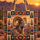 Vintage Bighorn Sheep Navajo Tribal Desert Patchwork Quilted Tote Bag