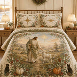 Farmhouse Good Shepherd Jesus Black Cat Pumpkin Wreath Quilted 3‑Piece Bedding Set