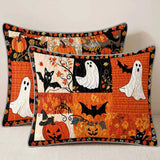 Plaid Pumpkin Ghost Black Cat Halloween Patchwork Quilted 3‑Piece Bedding Set