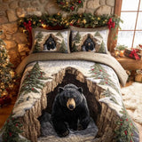 Cave Black Bear Snow Pine Quilted 3-Piece Bedding Set