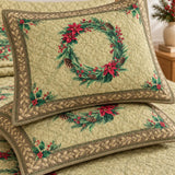 Poinsettia Christmas Wreath Quilted 3-Piece Bedding Set