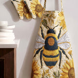 Bees And Sunflowers Quilted Apron Set (2-Piece) – Padded Apron + Heat-Resistant Oven Mitts