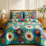 Turquoise Base Colorful Daisy Retro Boho Floral Quilted 3‑Piece Bedding Set