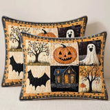 Trick or Treat Halloween Village Patchwork Quilted 3‑Piece Bedding Set