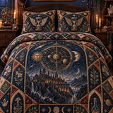 Fantasy Celestial Castle & Winter Snow Steam Train Heraldic Patchwork Quilted 3‑Piece Bedding Set