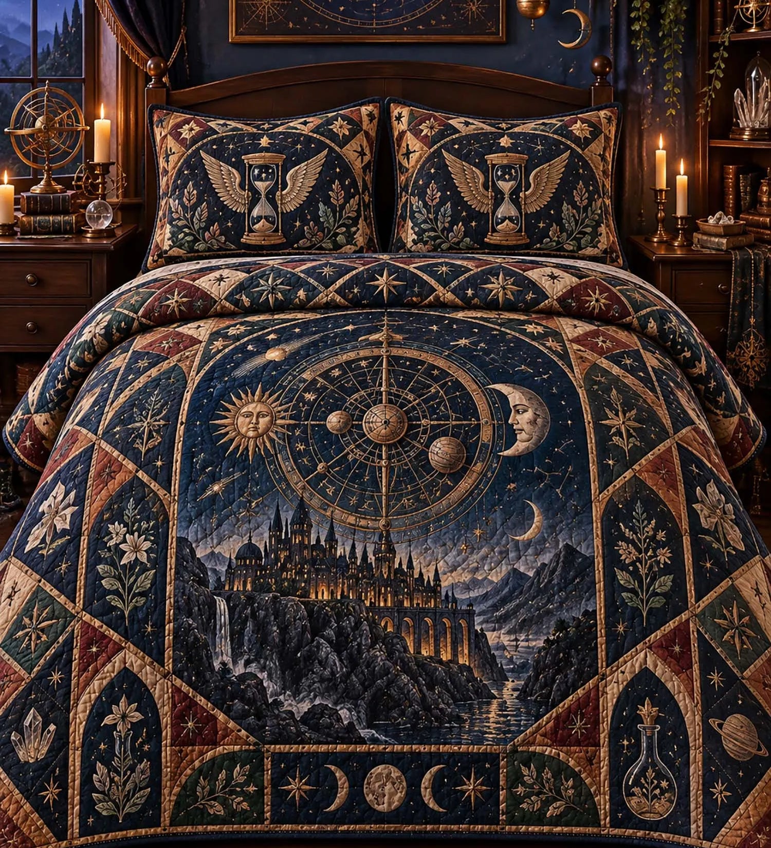 Fantasy Celestial Castle & Winter Snow Steam Train Heraldic Patchwork Quilted 3‑Piece Bedding Set